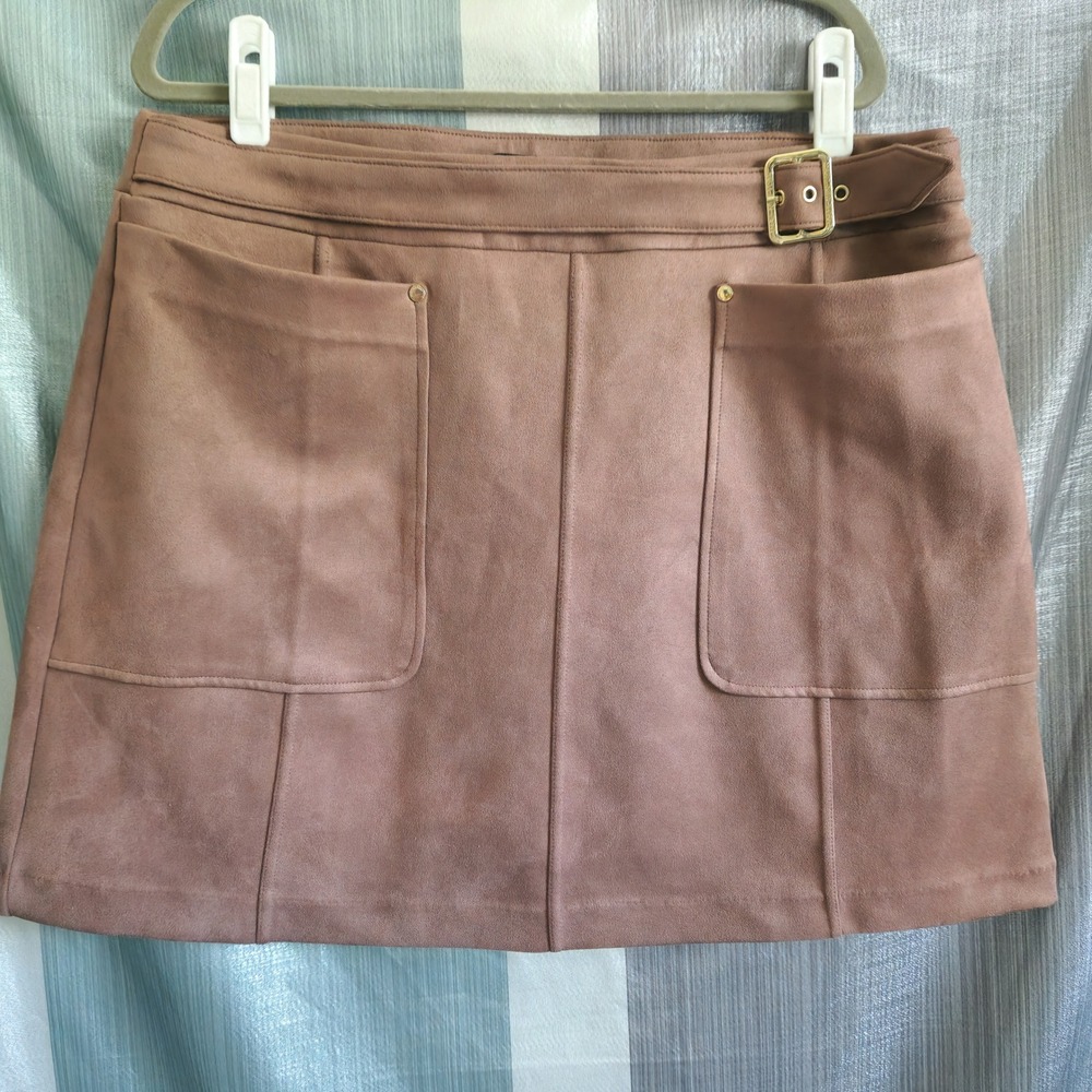 Marc New York Faux Suede Mini Skirt Mauve Brown Buckle XL‎ Light Academia Retro
